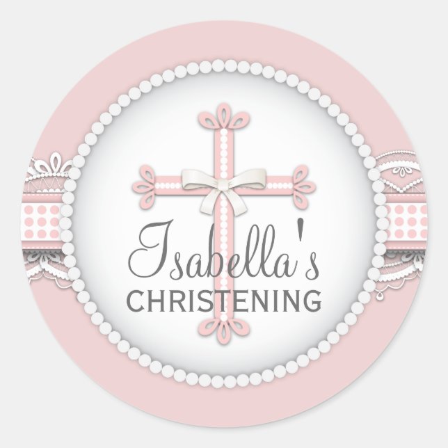 Pegatina Redonda Cruz de celebración religiosa en rosa (Anverso)