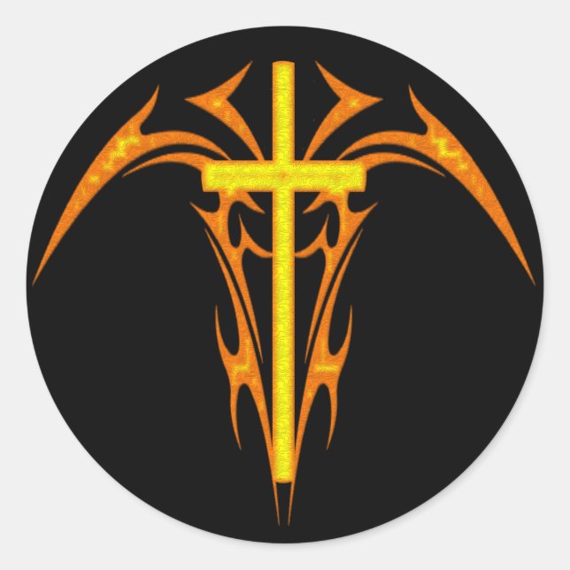 PEGATINA REDONDA CRUZ DE ESTILO TRIBAL Y ÁNGEL (Anverso)