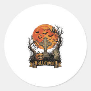 Pegatina Redonda Cruz de Halloween Lápida Calavera Calabaza Gato Ne