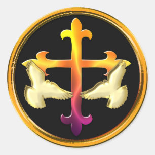 Pegatina Redonda Cruz de hierro con palomas sobre fondo negro