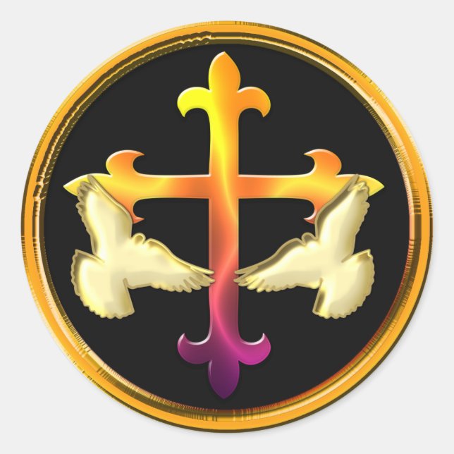 Pegatina Redonda Cruz de hierro con palomas sobre fondo negro (Anverso)