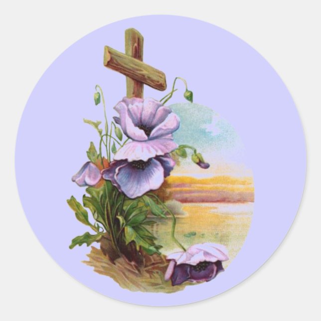 Pegatina Redonda Cruz De Madera Con Flores Moradas (Anverso)