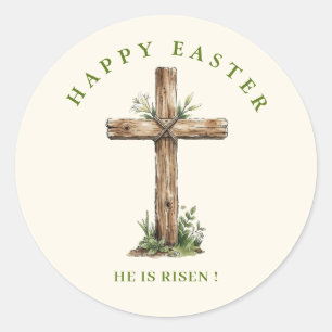 Pegatina Redonda Cruz de madera rústica Él ha resucitado Pascua