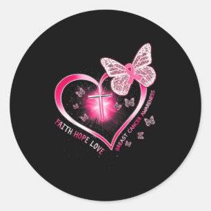 Pegatina Redonda Cruz de Mariposa Rosa Fe Esperanza Amor Cáncer de 