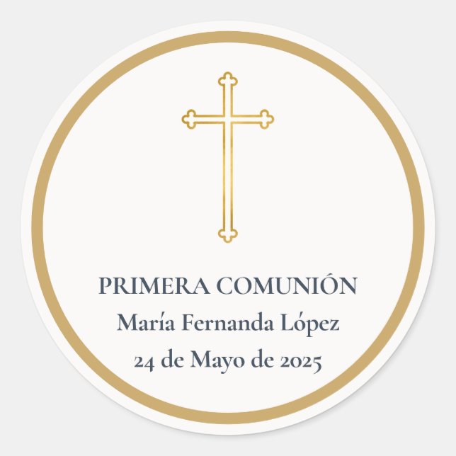 Pegatina Redonda Cruz de Oro para Primera Comunión (Anverso)