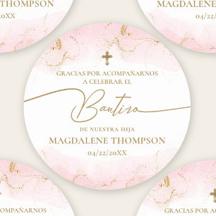 Pegatina Redonda Cruz de Oro Rosa Bautizo de Niña