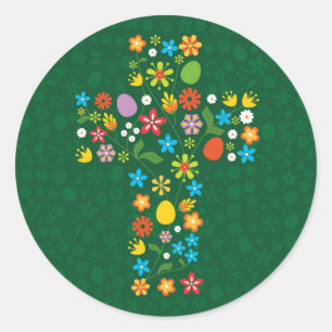 Pegatina Redonda Cruz de Pascua con huevos y flores