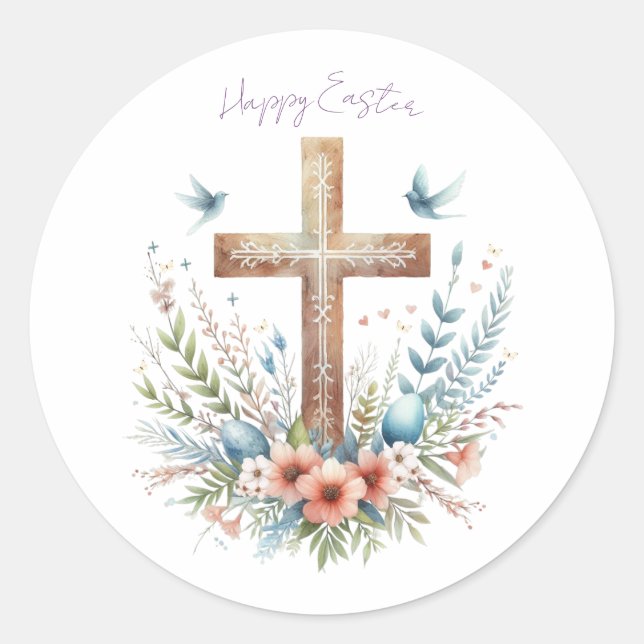 Pegatina Redonda Cruz de Pascua de Agua Personalizada (Anverso)