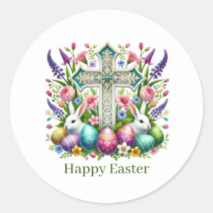 Pegatina Redonda Cruz de Pascua Feliz Adorable