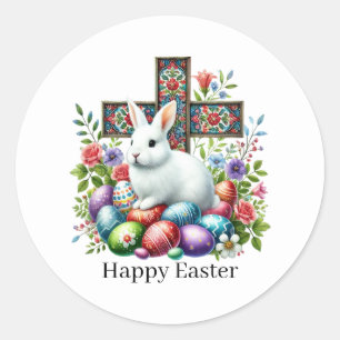 Pegatina Redonda Cruz de Pascua Feliz Linda
