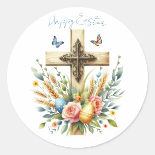 Pegatina Redonda Cruz de Pascua Personalizada Acuarela