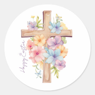 Pegatina Redonda Cruz de Pascua Personalizada Acuarela