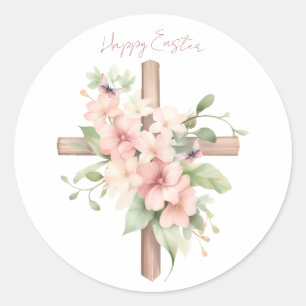 Pegatina Redonda Cruz de Pascua Personalizada Acuarela