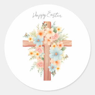 Pegatina Redonda Cruz de Pascua personalizada con acuarela