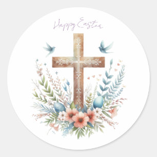 Pegatina Redonda Cruz de Pascua personalizada con acuarela