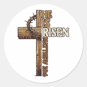 Pegatina Redonda Cruz De Pascua Se Levanta Jesús Hombres Cristianos