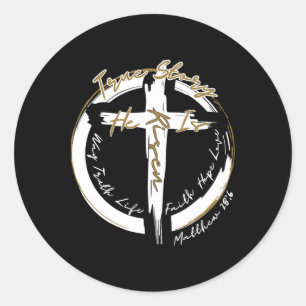 Pegatina Redonda Cruz De Pascua Se Levanta Jesús Hombres Cristianos