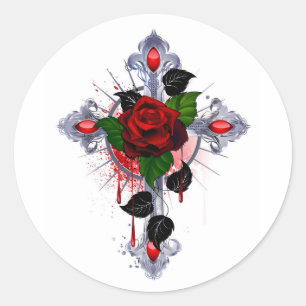 Pegatina Redonda Cruz de Plata con una Rosa Roja