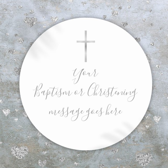 Pegatina Redonda Cruz de Plata Personalizada Bautizo (Persoanlized Silver Cross Baptism Christening Classic Round Sticker)