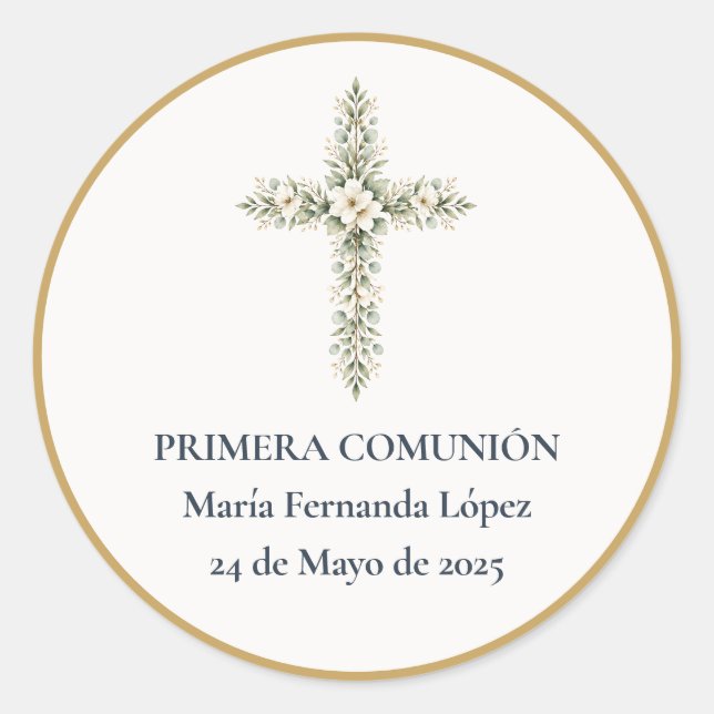Pegatina Redonda Cruz de Primera Comunión (Anverso)