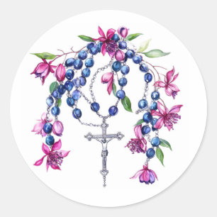 Pegatina Redonda Cruz del Rosario Reza Jesús Cristiano Religioso Mo