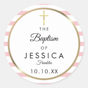 Pegatina Redonda Cruz dorada con raya rosa Bautizo