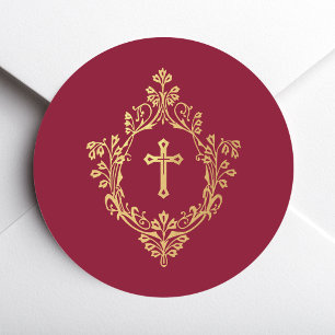 Pegatina Redonda Cruz en Cresta Rojo Falso Oro Hoja Burgundy Antigu