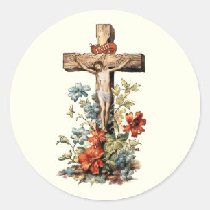 Pegatina Redonda Cruz Floral Católica Jesús Crucifixion