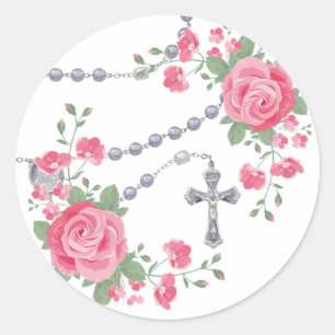Pegatina Redonda Cruz floral de rosas rosadas sagradas religiosas