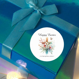 Pegatina Redonda Cruz Floral Pastel Watercolor Religiosa Pascua