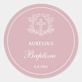 Pegatina Redonda Cruz floral simple en bautismo rosa