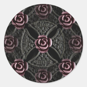 Pegatina Redonda Cruz gótica medieval de hierro con rosa
