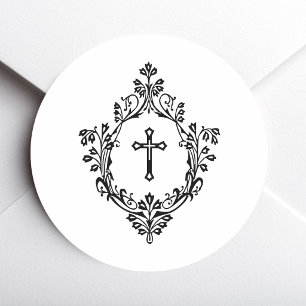 Pegatina Redonda Cruz negra y blanca en Cresta Vintage Religiosa