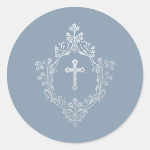 Pegatina Redonda Cruz religiosa polvorienta azul falso plateado en 