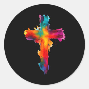 Pegatina Redonda Cruz Religioso Cristiano Cree Bendita Fe Gr
