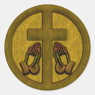 PEGATINA REDONDA CRUZ Y MANOS DE REZO