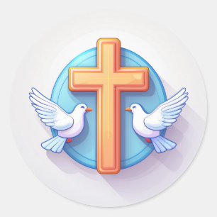 Pegatina Redonda Cruz y palomas sagradas
