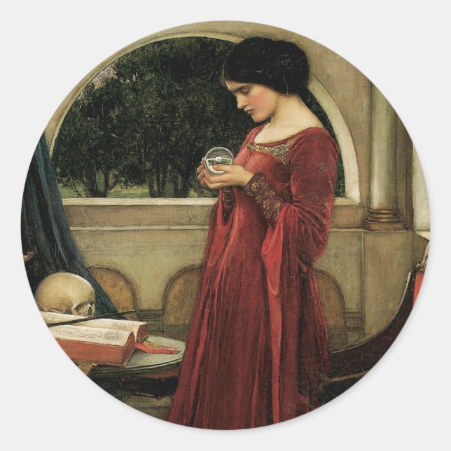 Pegatina Redonda Crystal Ball por John William Waterhouse (Anverso)