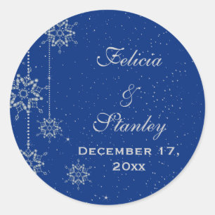 Pegatina Redonda Crystal copos de nieve boda azul Save the Date