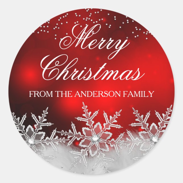 Pegatina Redonda Crystal Snowflake Red Christmas Sticker (Anverso)