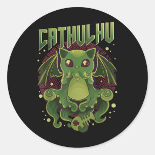 Pegatina Redonda Cthulhu, un gato gracioso de Cathulhu Kawaii