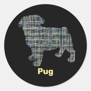 Pegatina Redonda Cuadrícula amarilla y azul de perro de pug