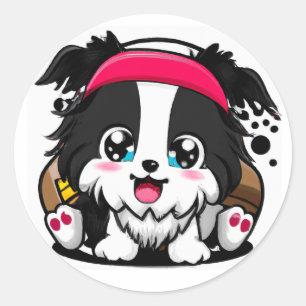 Pegatina Redonda Cuadrícula Chibi borde Collie Puppy