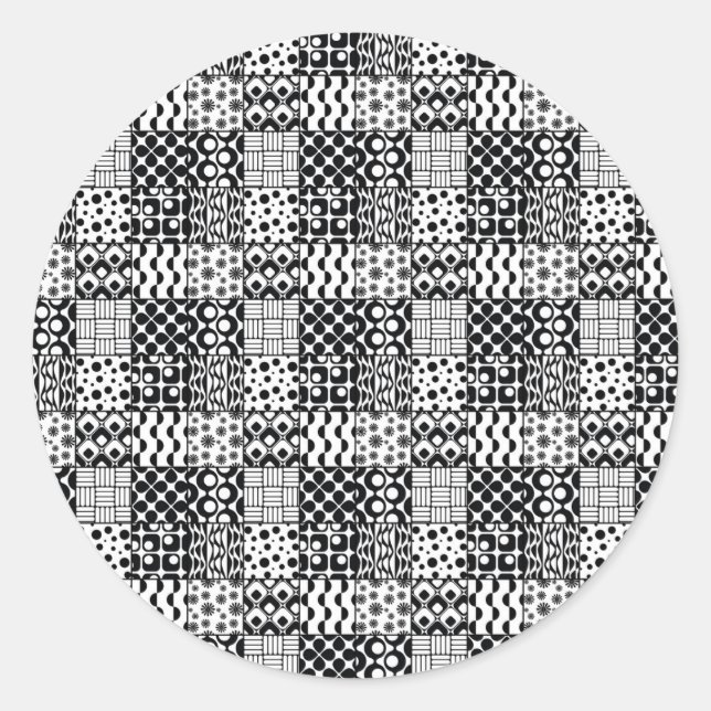 Pegatina Redonda Cuadrícula de patrones geométricos en blanco y neg (Anverso)