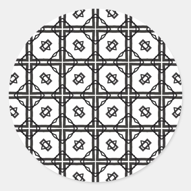 Pegatina Redonda Cuadrícula doble geométrica de color blanco negro  (Anverso)