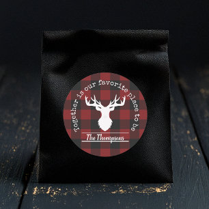 Pegatina Redonda Cuadro de Plaid Rojo y Negro Personalizado