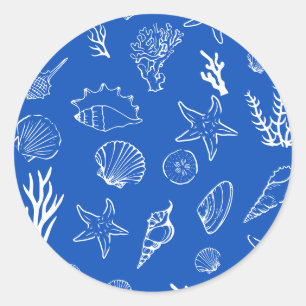 Pegatina Redonda Cuadros de conchas de verano Boda de playa Azul