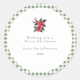 Pegatina Redonda Cuadros de Gingham Verde Personalizados de Navidad