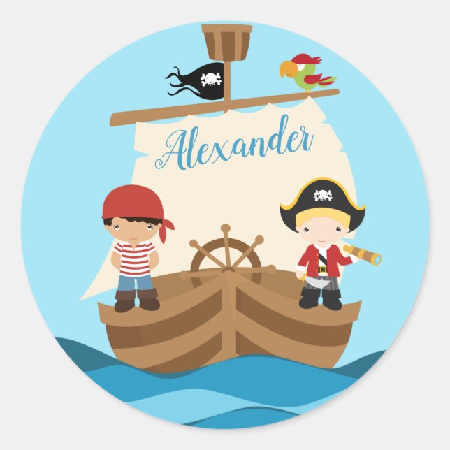 Pegatina Redonda Cuadros Piratas Y Un Gran Barco Nombre Personaliza (Anverso)