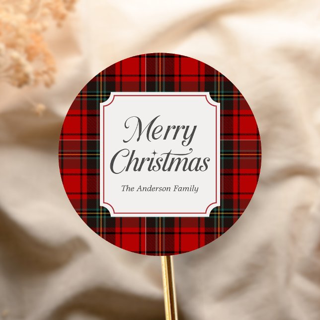 Pegatina Redonda Cuadros Rojos Feliz Navidad (Red Plaid Modern Merry Christmas Holiday Sticker)